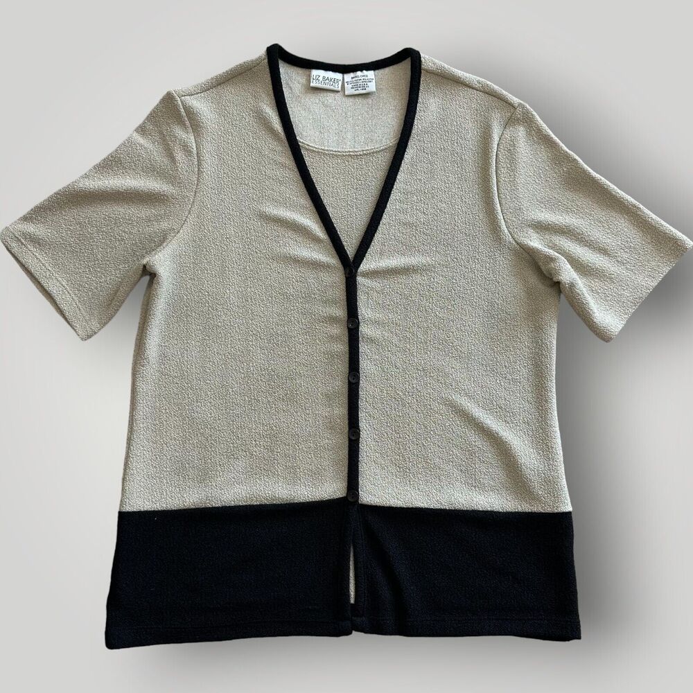 Liz Baker Essentials Women's S Black Tan Colorblock Two-fer Short Sleeve Blouse